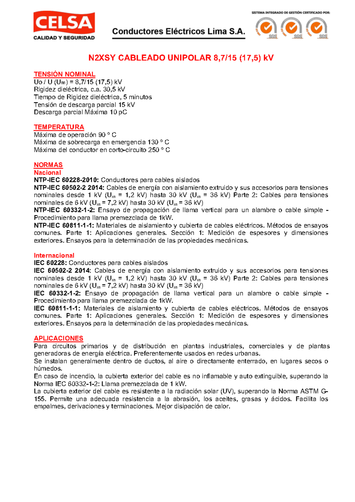 N2XSY CABLEADO UNIPOLAR 8,7-15 kV: Especificaciones y Normas - Document Preview