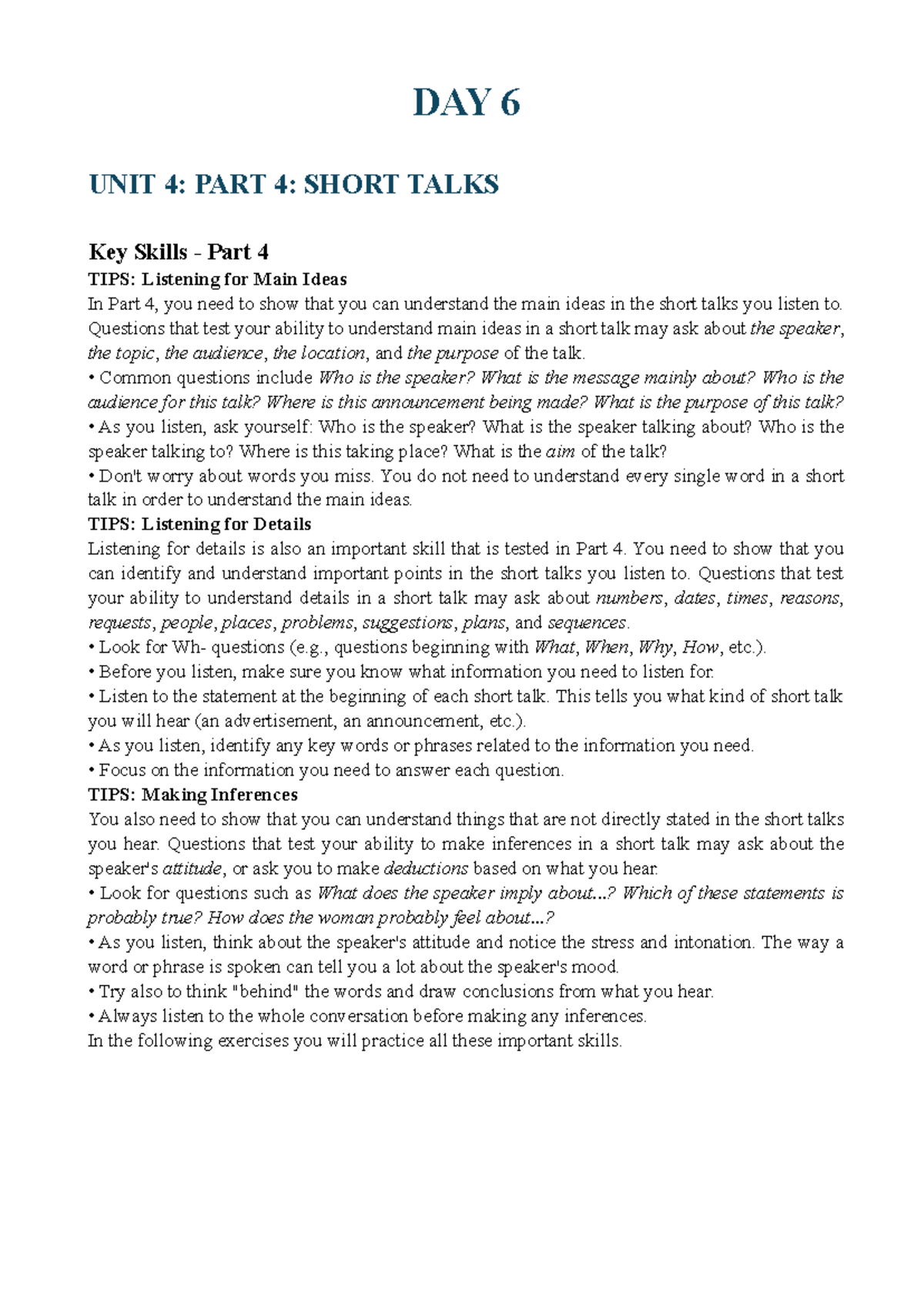 English 5A DAY 6: Unit 4 Part 4 Short Talks Listening Tips - Studocu