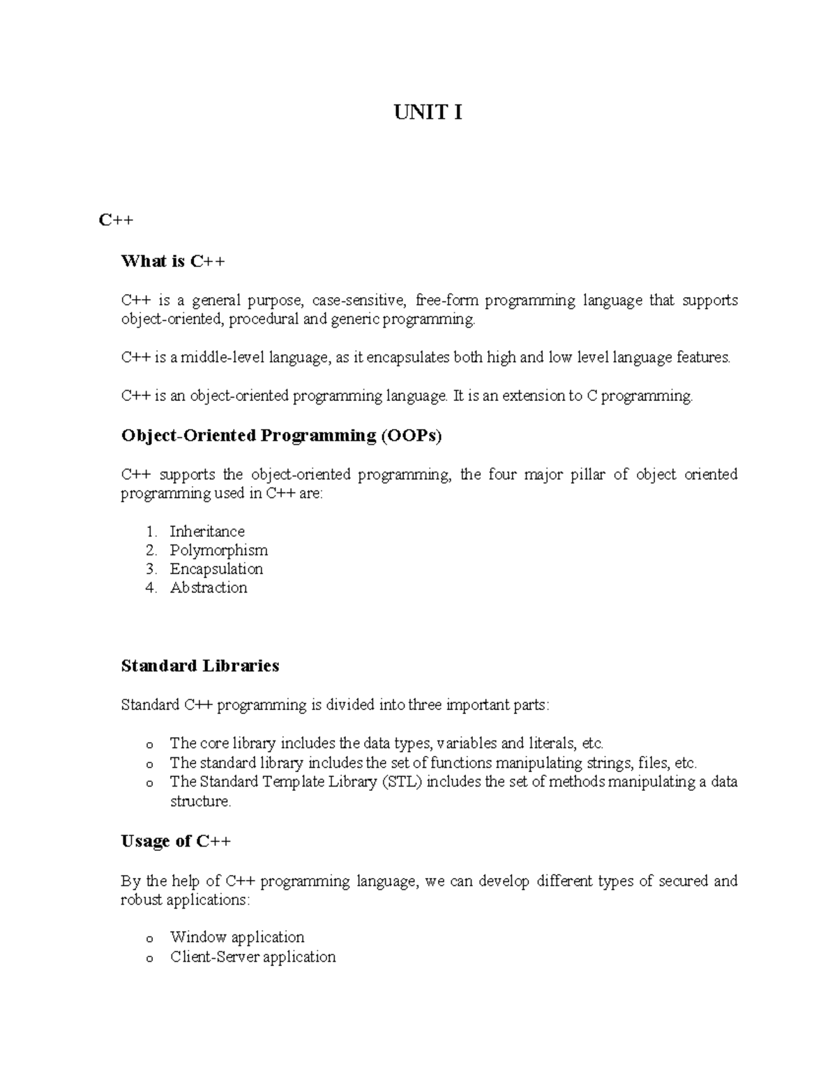 C++ - c++ - UNIT I C++ What is C++ C++ is a general purpose, case ...