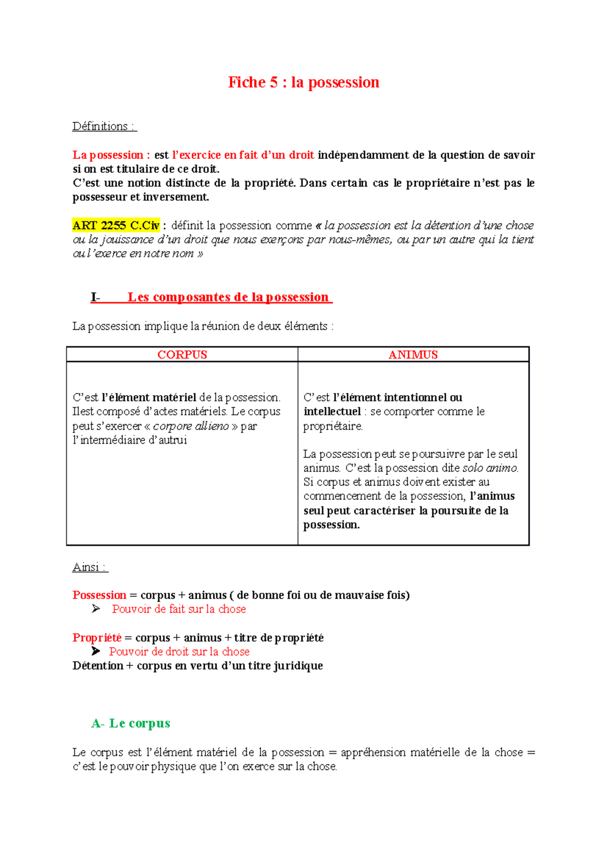Fiche 5 DCB - Fiche 5 : la possession Définitions : La possession : est ...