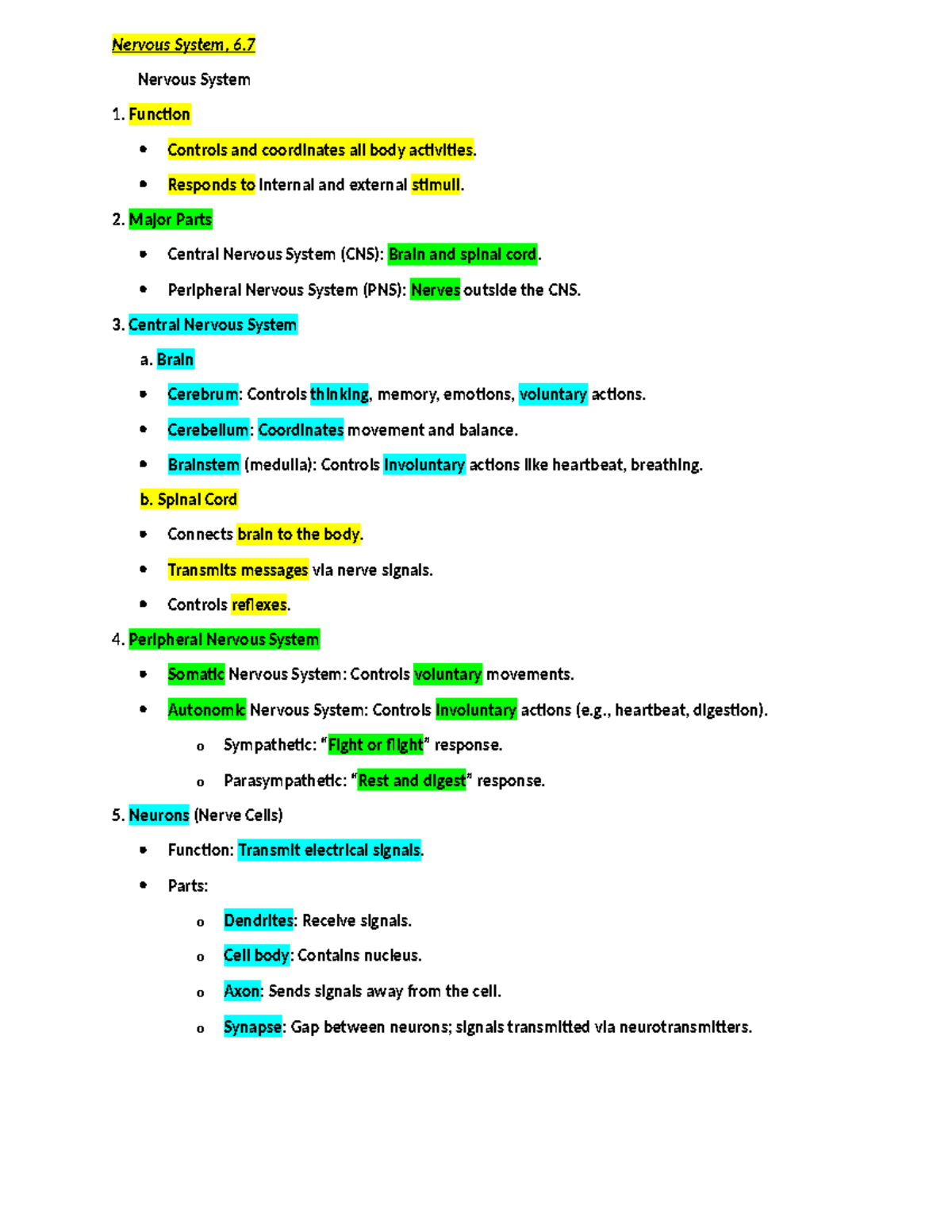 Concept 6.7: Overview of the Nervous System Functions and Parts - Studocu
