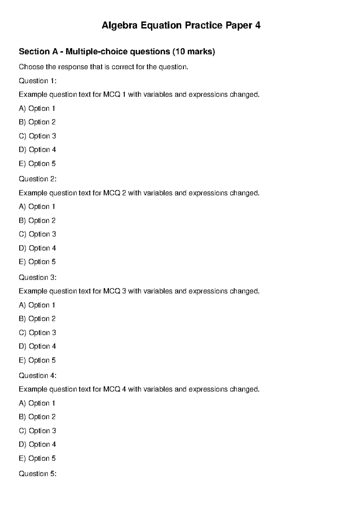 Algebra Practice Test 4: MCQ Section A (10 Marks) - Studocu