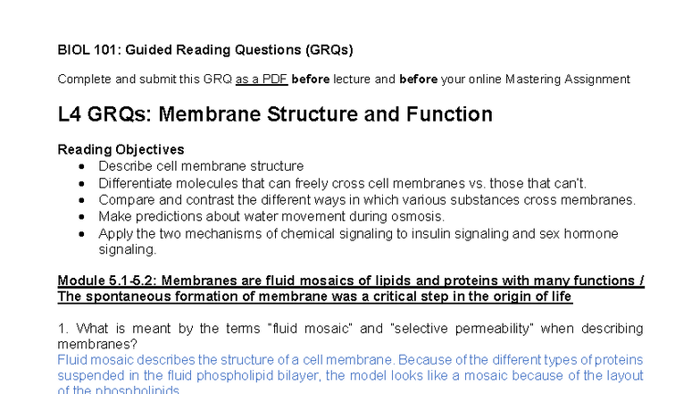 BIOL 101: GRQ 4 - Membrane Structure, Function, and Hormonal Signaling ...