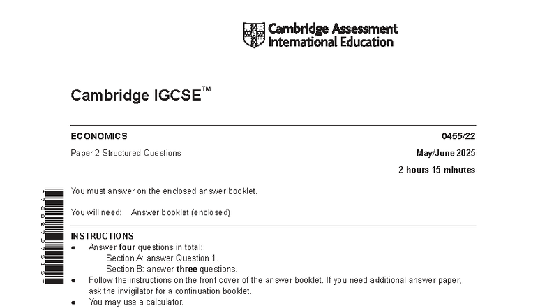 Cambridge ECONOMICS 0455 Paper 2 Structured Questions 2025 - Studocu