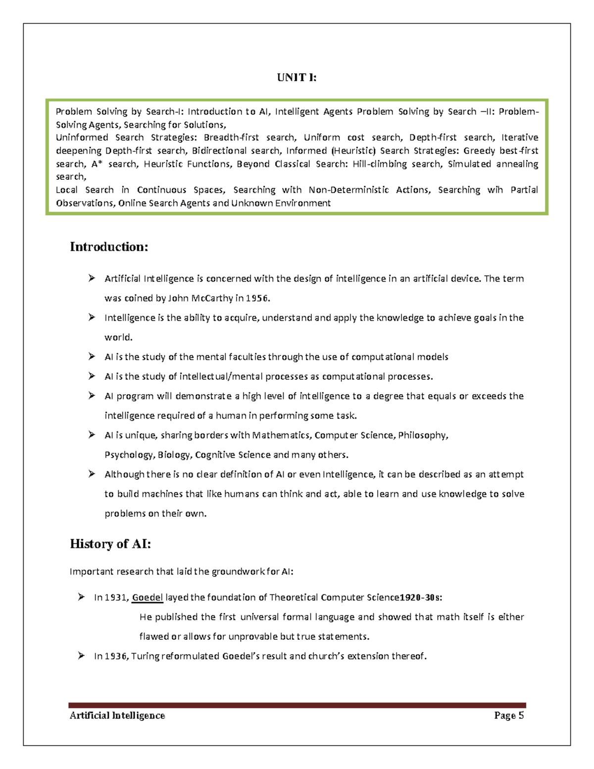 Unit I: Introduction to Artificial Intelligence (AI) Concepts and  Applications - Studocu