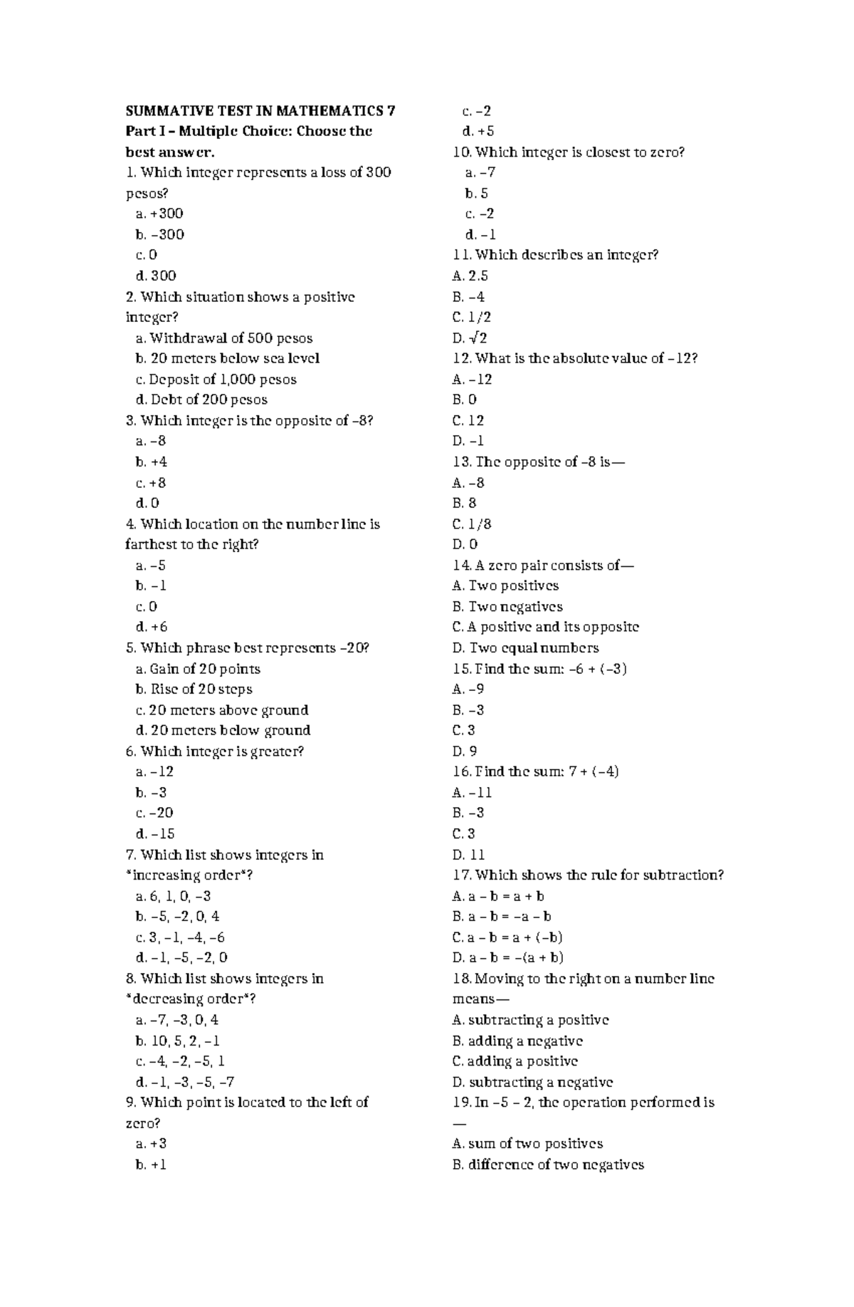 Q3 MAth 7 Summative Test: Multiple Choice Questions - Studocu
