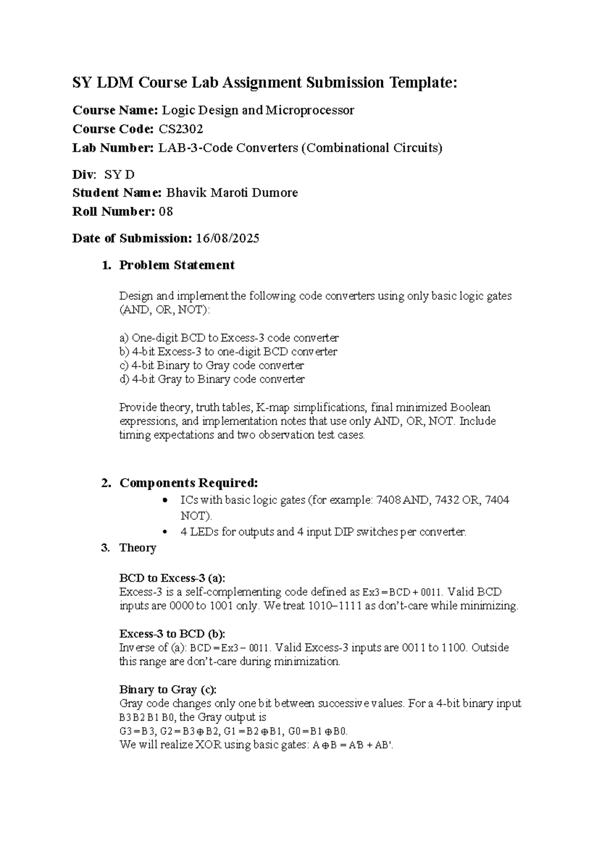 LDM CS2302 Lab Assignment 3: Code Converters Design and Implementation ...