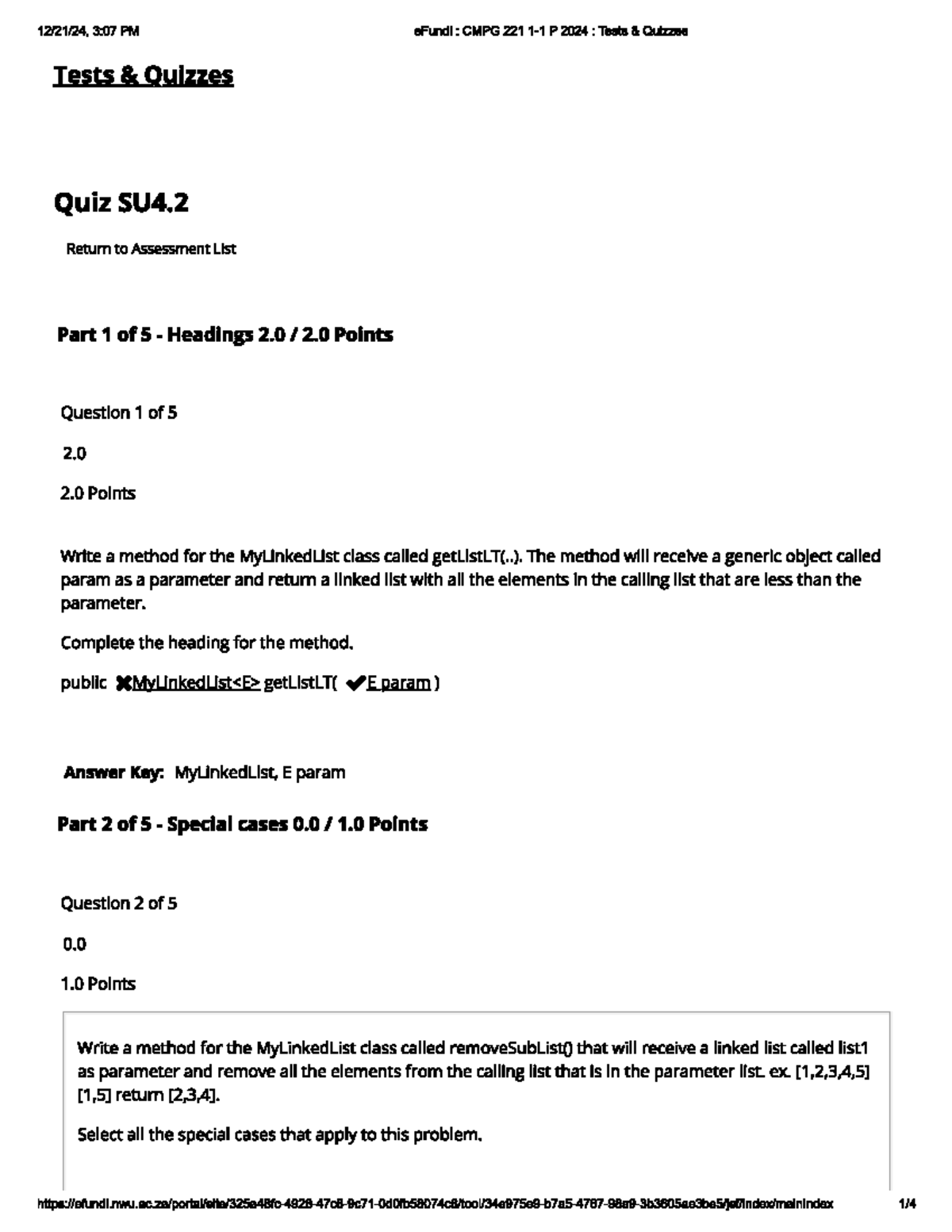 Quiz SU4: CMPG 221 P 2024 - MyLinkedList Methods and Tests - Studocu