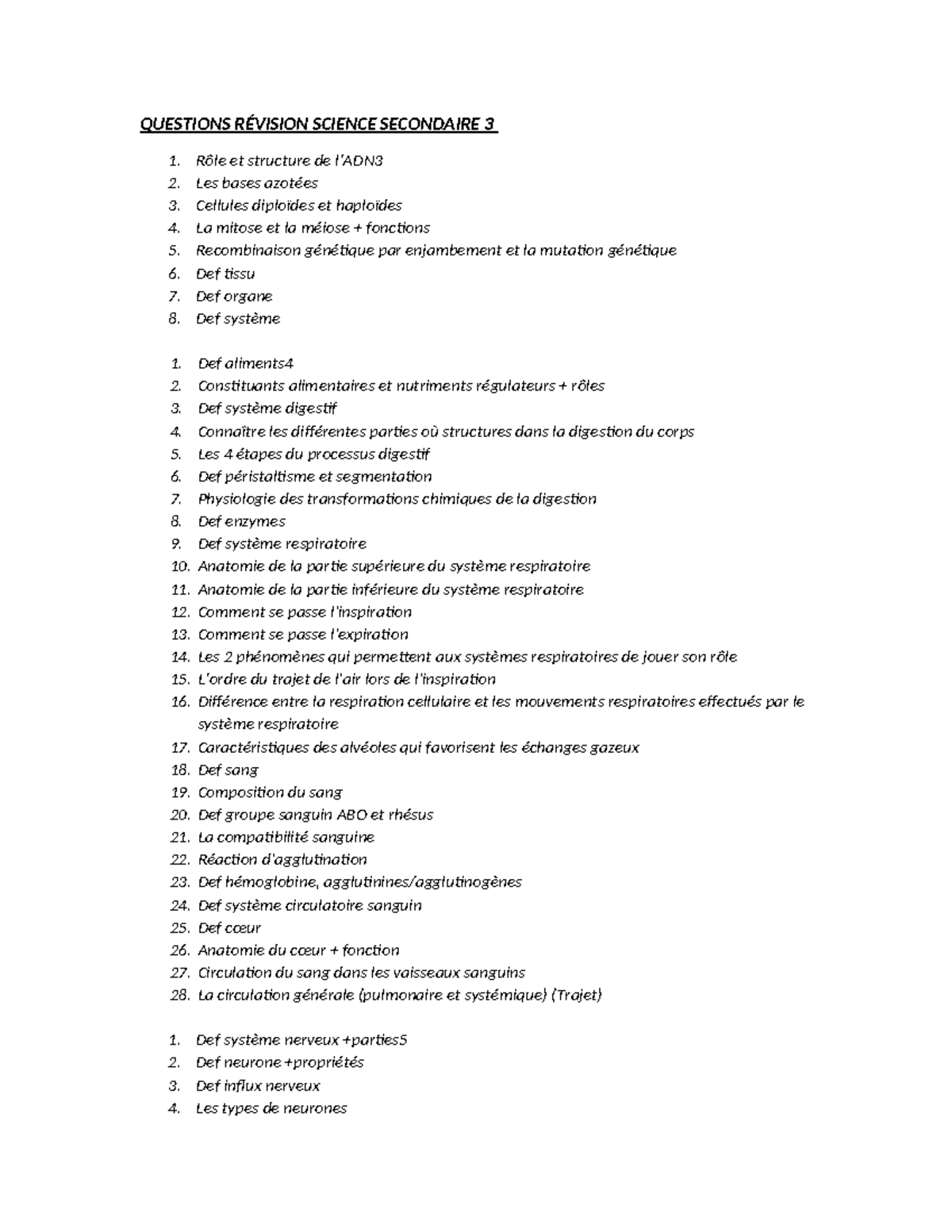 Révision Final Science Secondaire 3: Questions Clés et Définitions ...