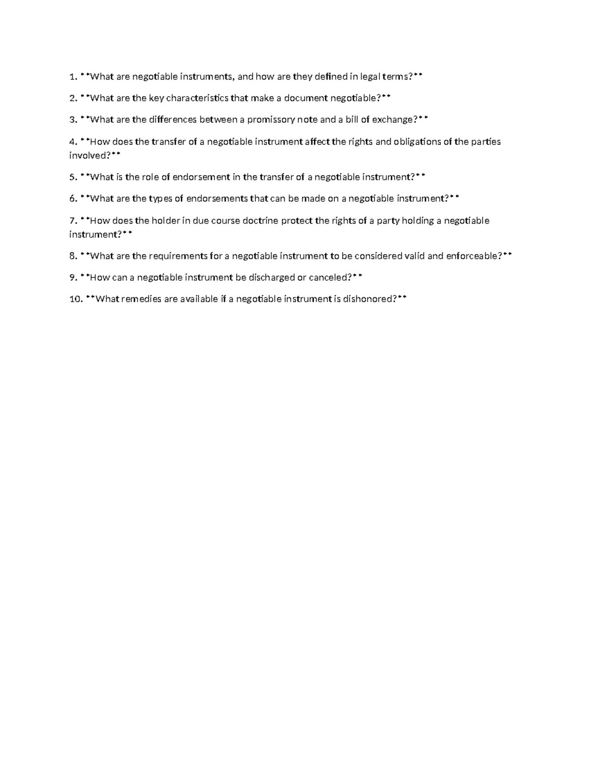 Negotiable Instruments: Sample Questions for Legal Study - Studocu