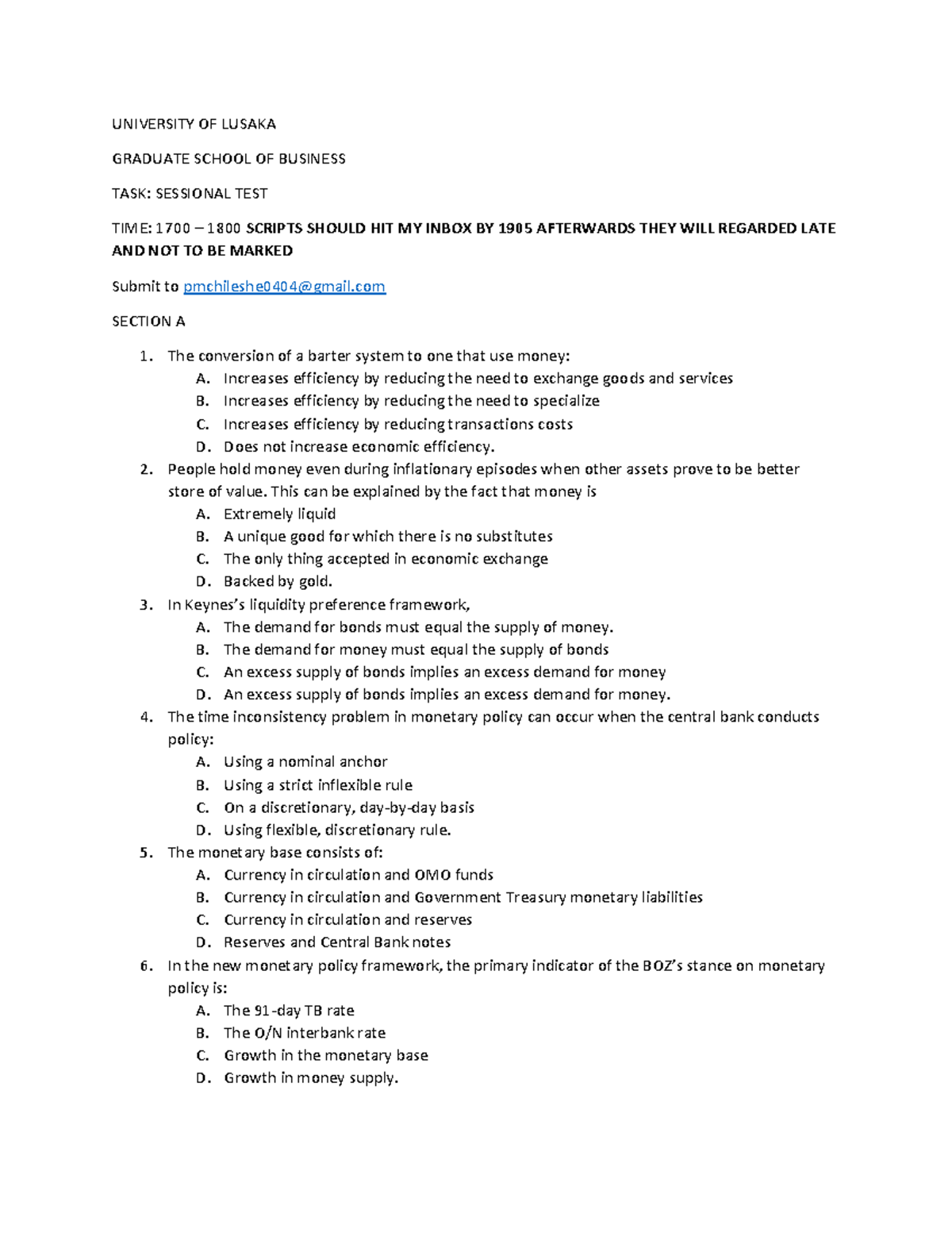 Monetary economics test: Sessional test for BUS 101 students - Studocu