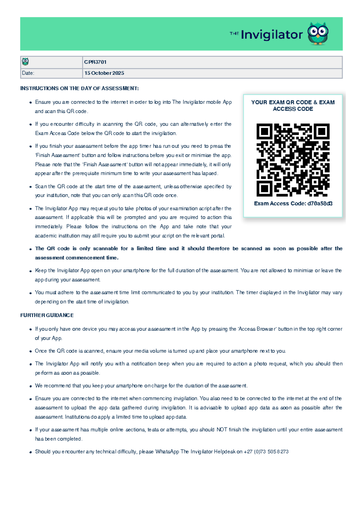 CPR3701 Final Exam Instructions for The Invigilator App - Studocu