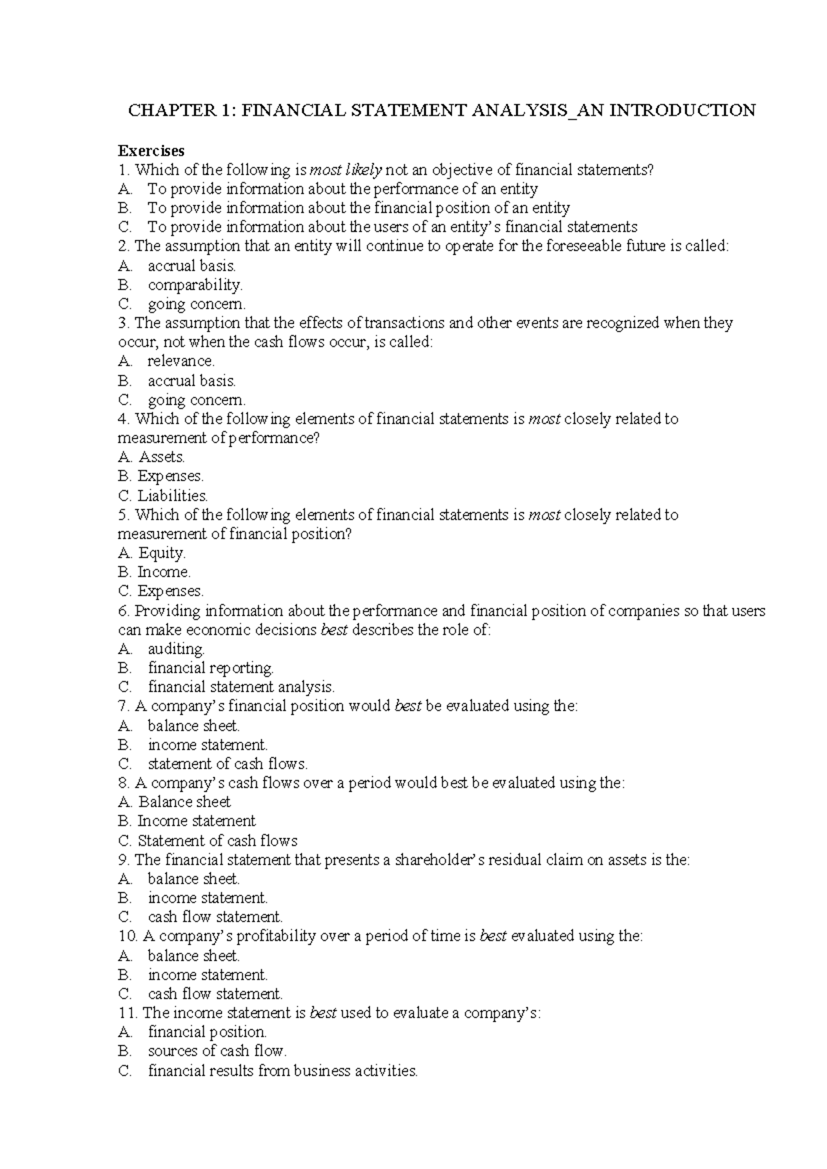 CHAPTER 1: FINANCIAL STATEMENT ANALYSIS - EXERCISES - Studocu