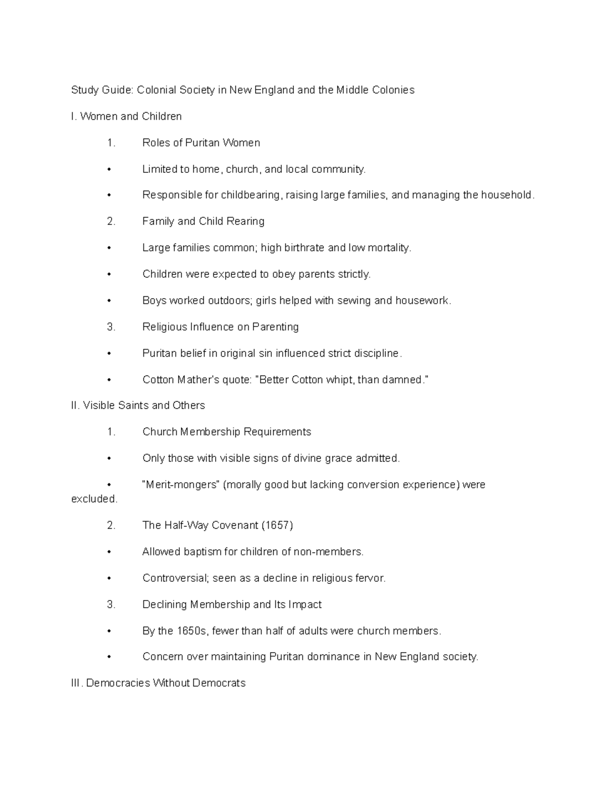 Study Guide: Colonial Society in New England & Middle Colonies (HIST ...