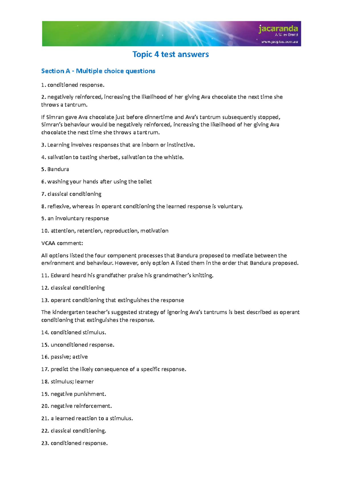 Topic 4 Test Answers: Learning Theories & Conditioning Concepts - Studocu
