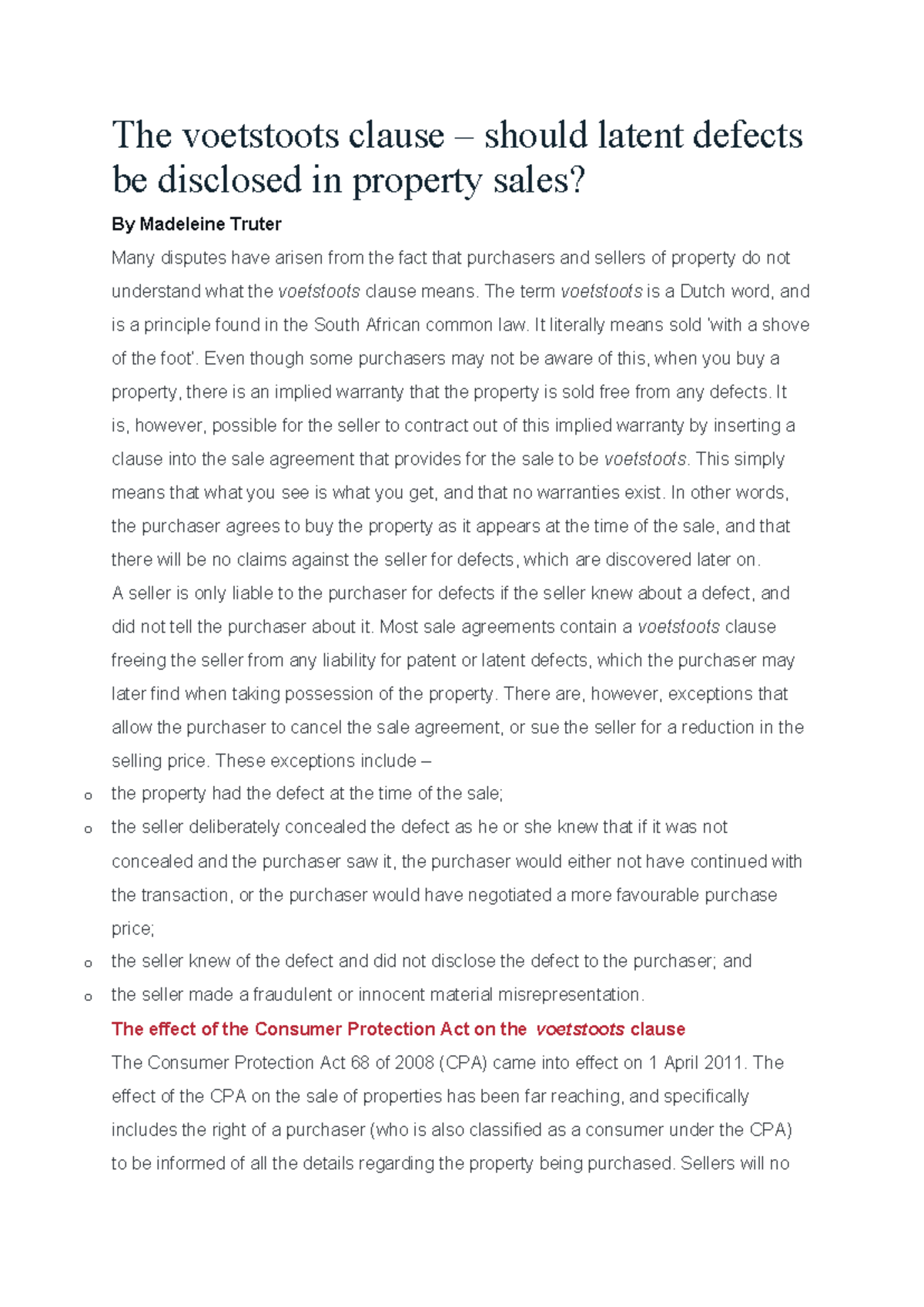 The Voetstoots Clause: Understanding Latent Defects in Property Sales ...