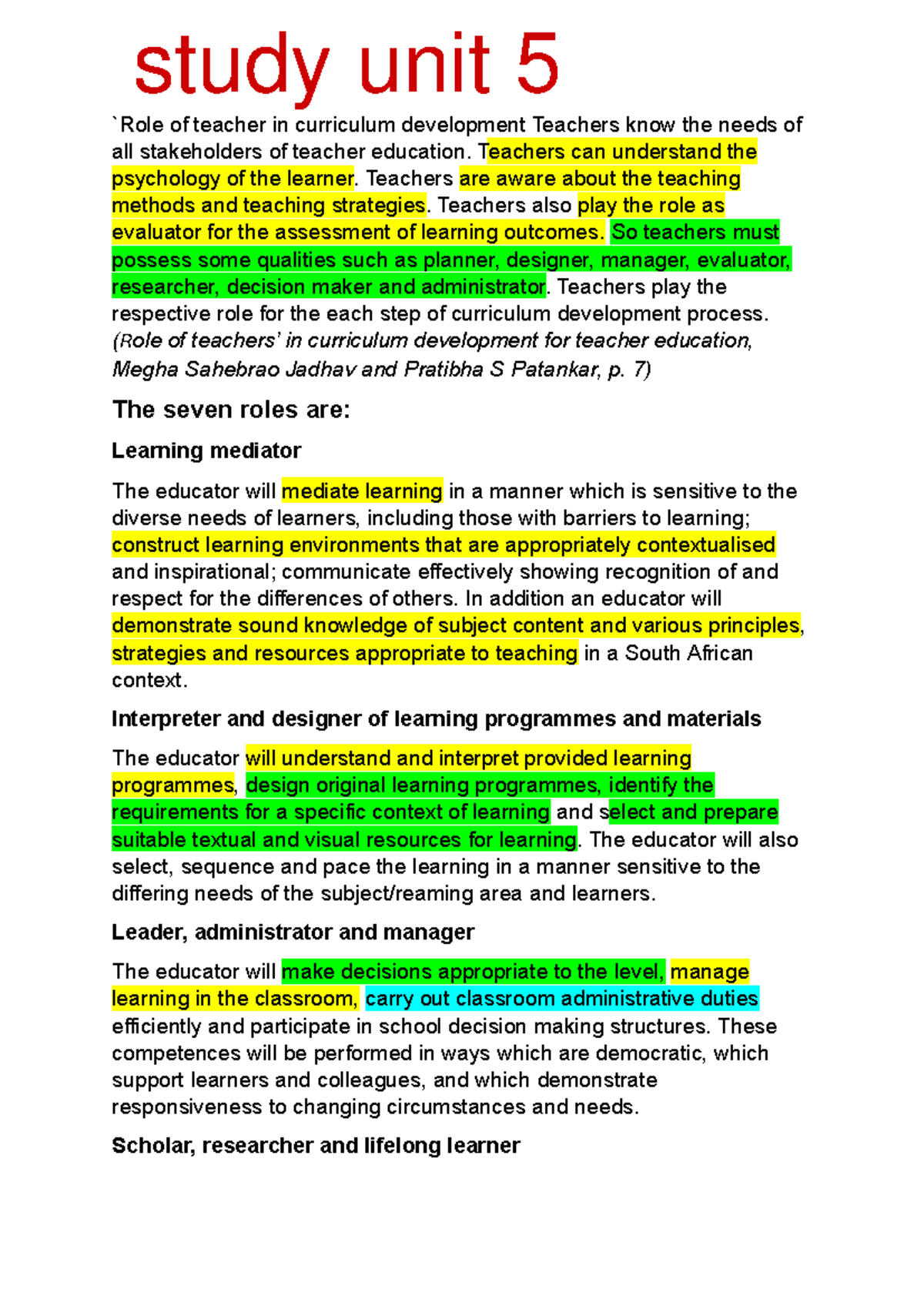 Teachers' Roles in Curriculum Dev. for Teacher Education (EDU 101 ...