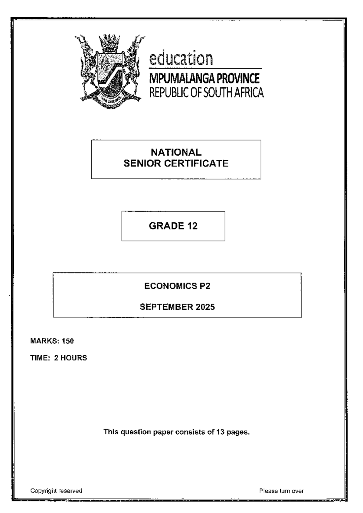 MPUMALANGA GRADE 12 ECONOMICS P2 SEPTEMBER 2025 TRIAL EXAMINATION - Studocu