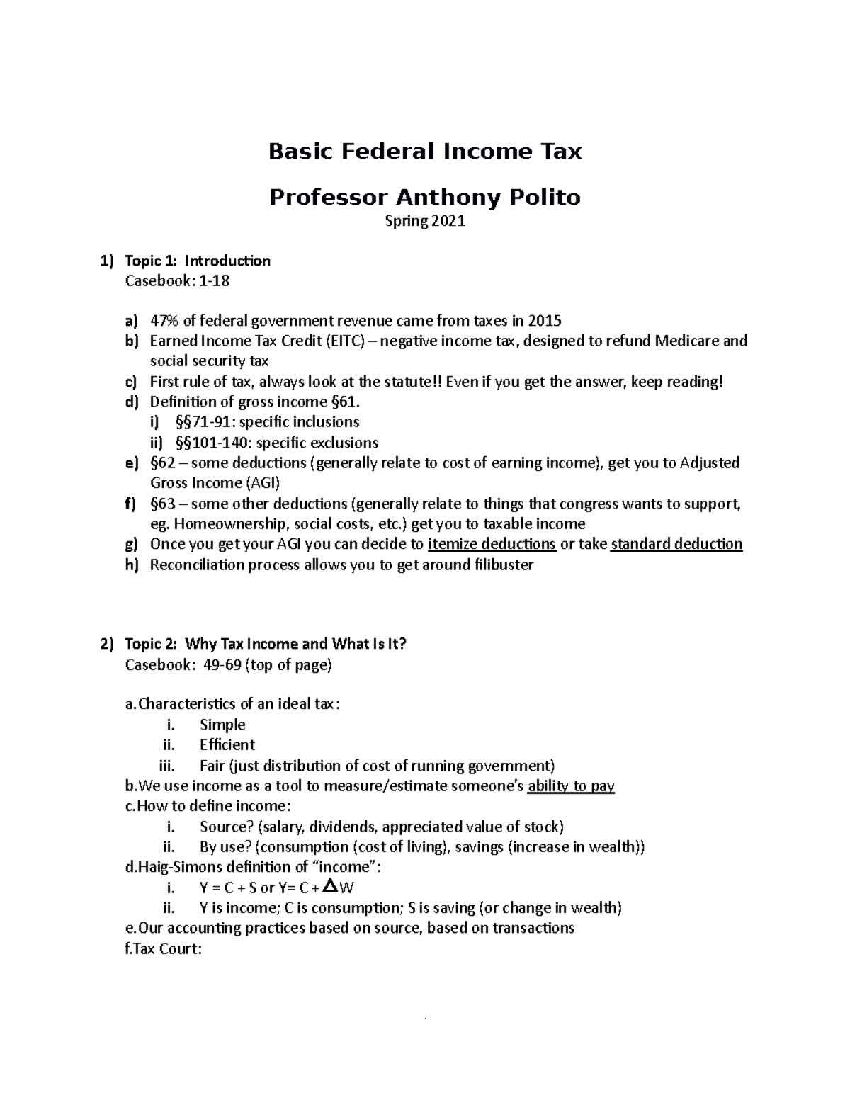 Basic Federal Income Tax Overview - Spring 2021 (Law) - Studocu