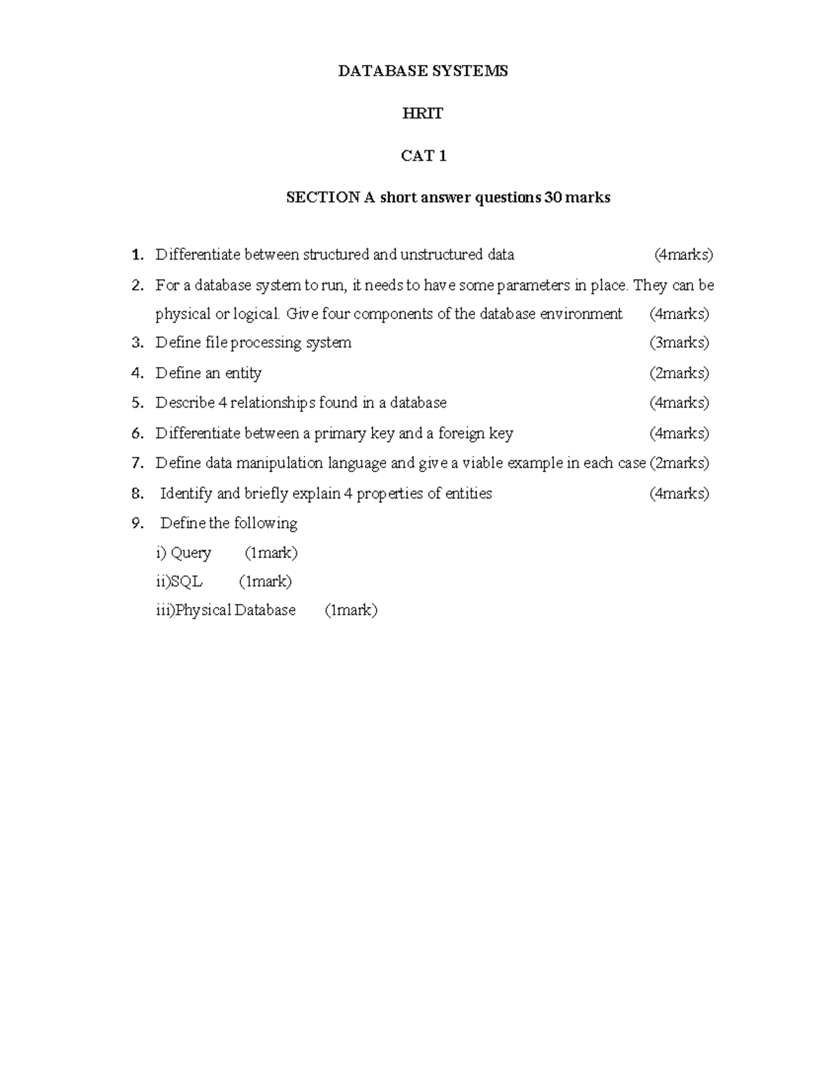 Database x cat 21 - REVISION MATERIAL - DATABASE SYSTEMS HRIT CAT 1 ...