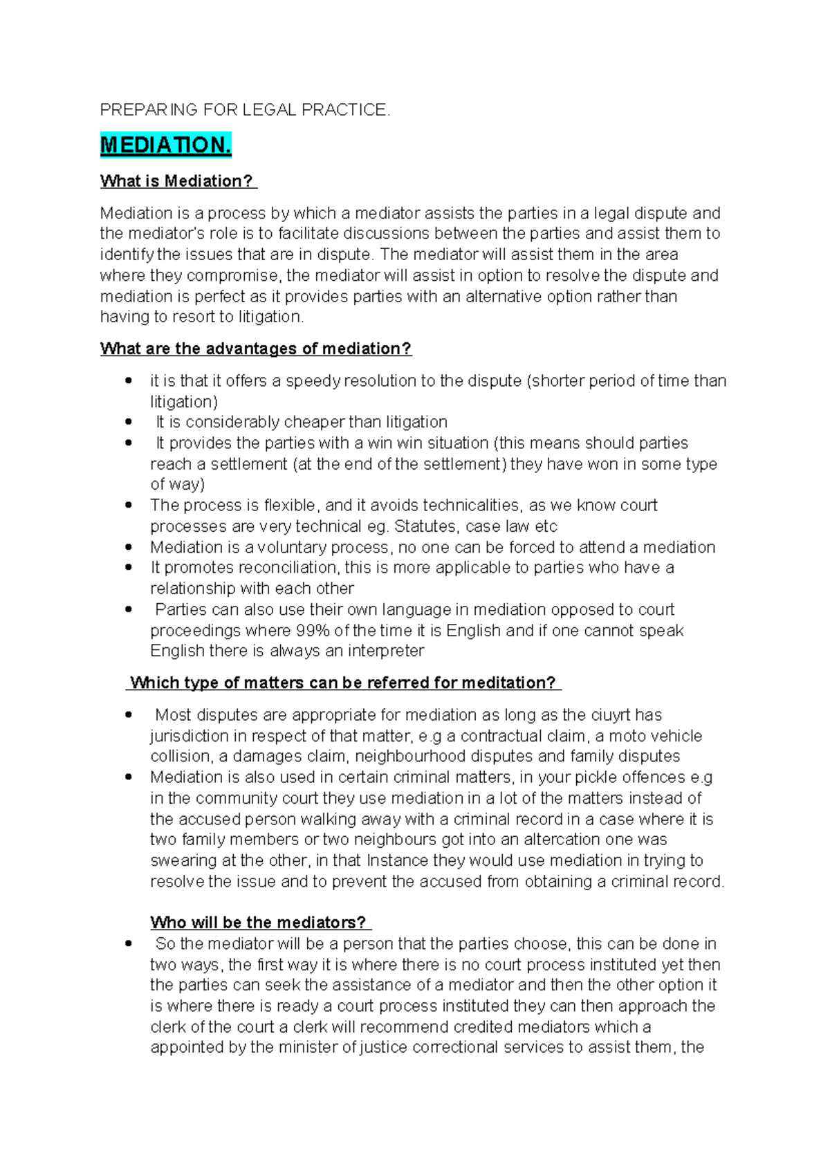 Preparing for Legal Practice (Mediation) Lecture Notes 1-3 - Studocu