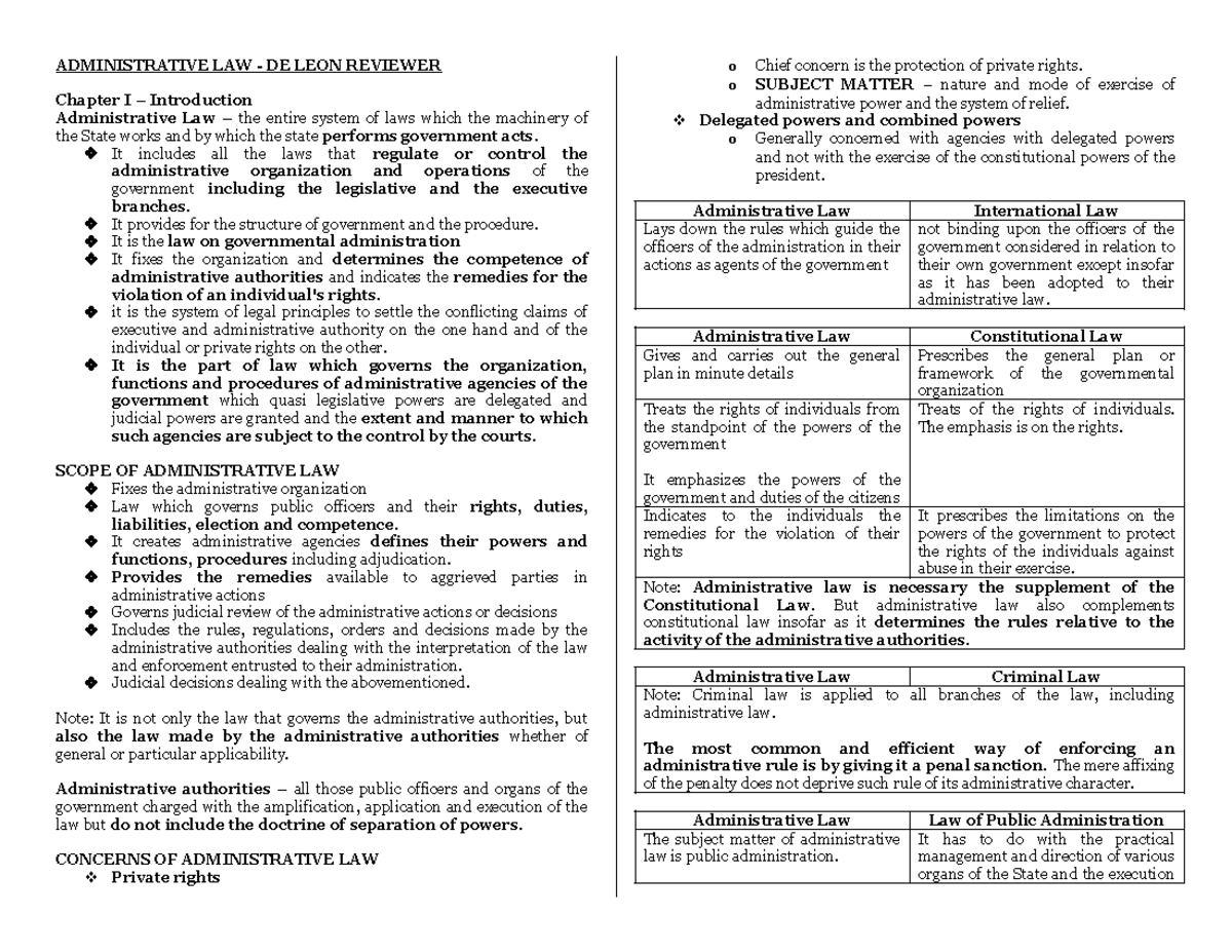 ADMINISTRATIVE LAW DE LEON REVIEWER: Chapters 1-3 Overview and Analysis - Document Preview
