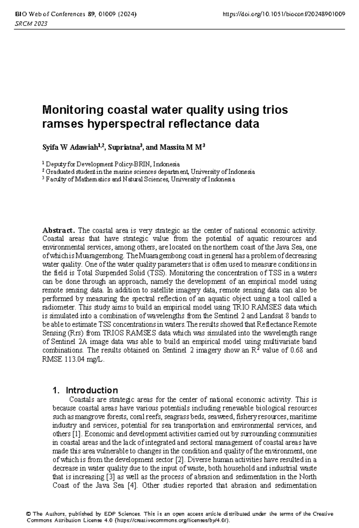 SRCM 2023: Monitoring Coastal Water Quality with TRIO RAMSES Data - Studocu