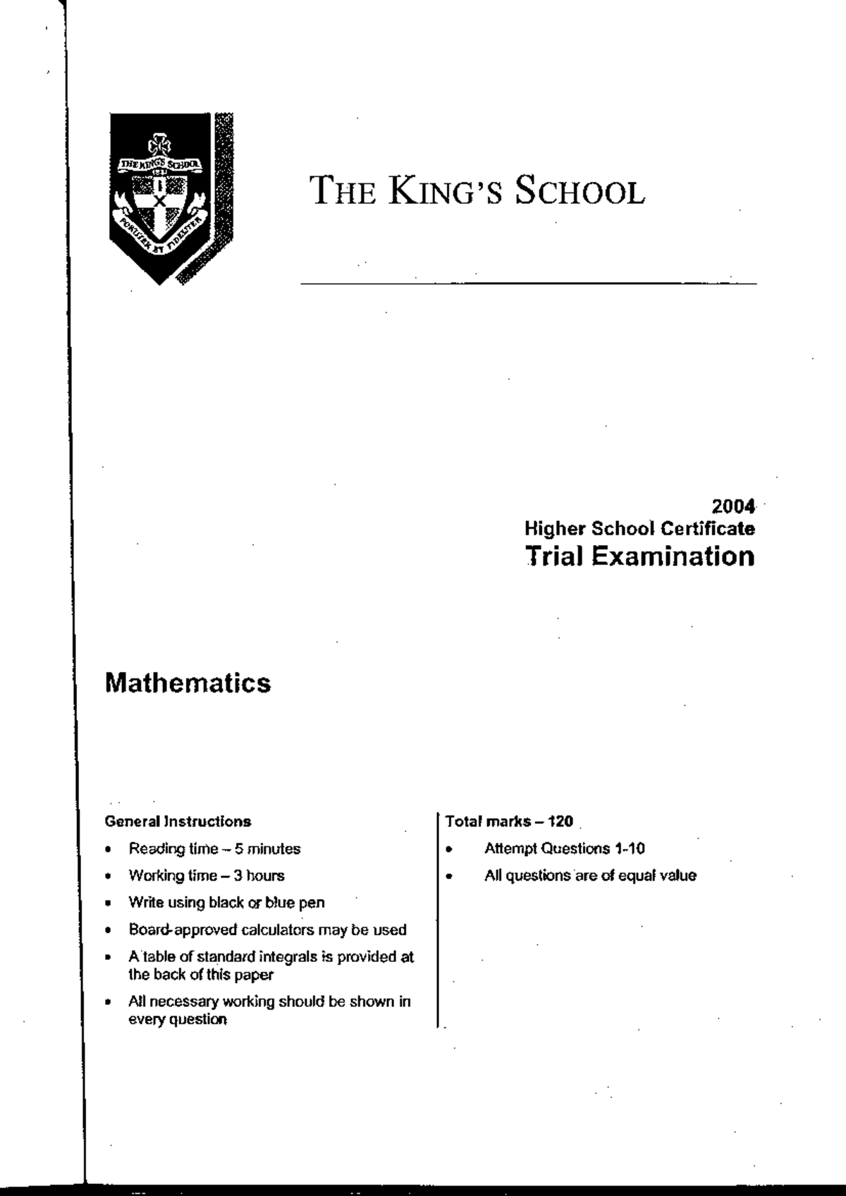 Kings School 2004 HSC Trial Mathematics Solutions - Studocu
