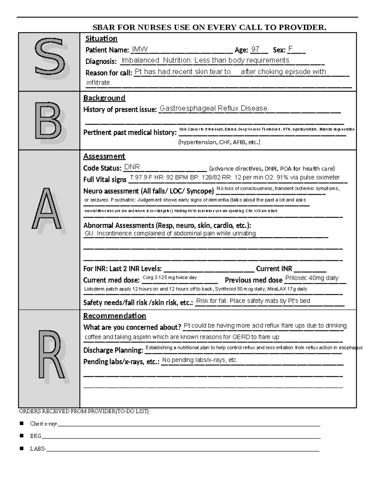SBAR IMW 97 - Example Care Plan for Nursing Providers - Studocu