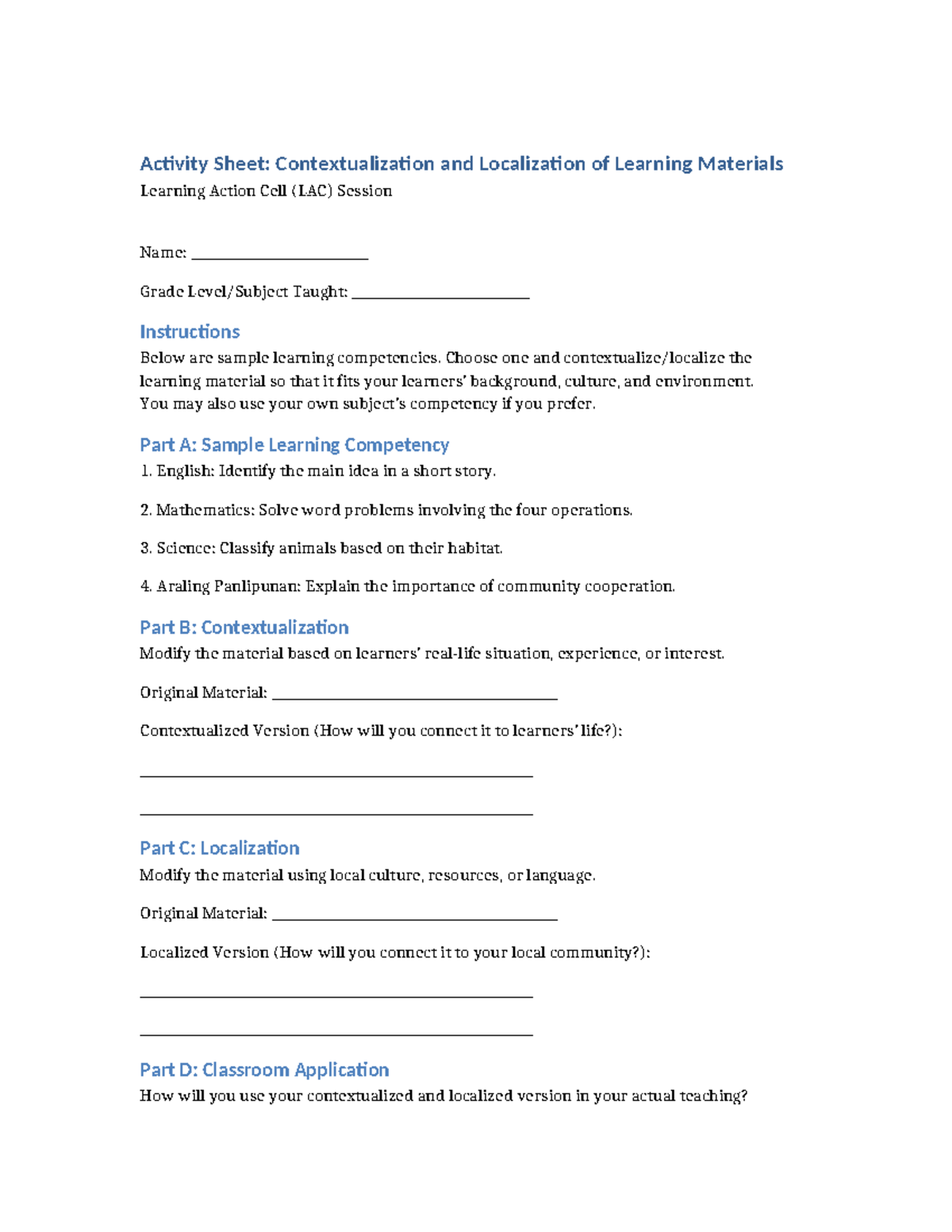 Activity Sheet: Contextualization & Localization of Learning Materials ...