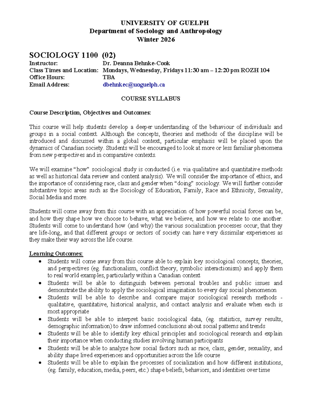 SOC 1100 (02) Course Syllabus: Intro to Sociology Winter 2026 - Studocu