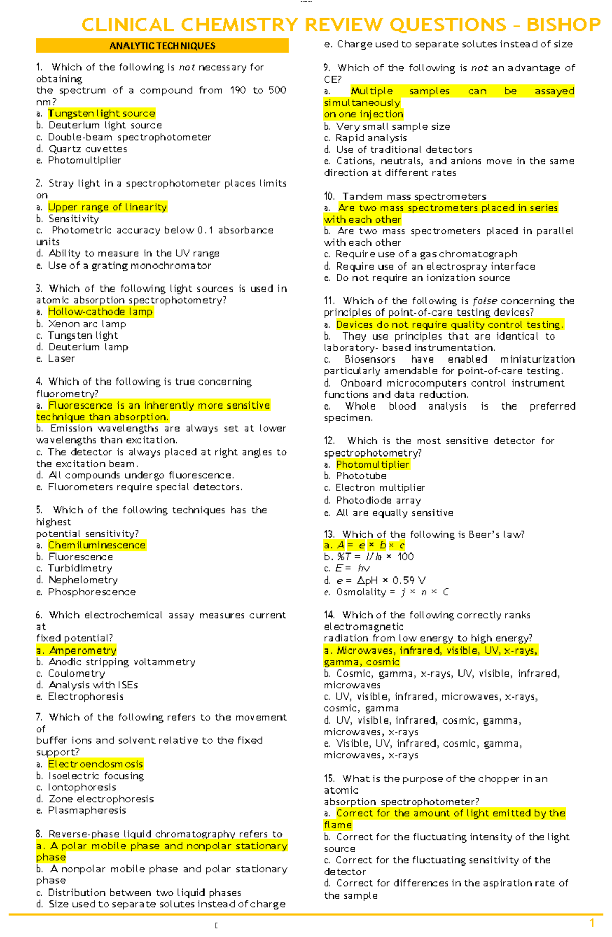 CLINICAL CHEMISTRY REVIEW QUESTIONS – BISHOP: KEY CONCEPTS AND ANALYTIC ...