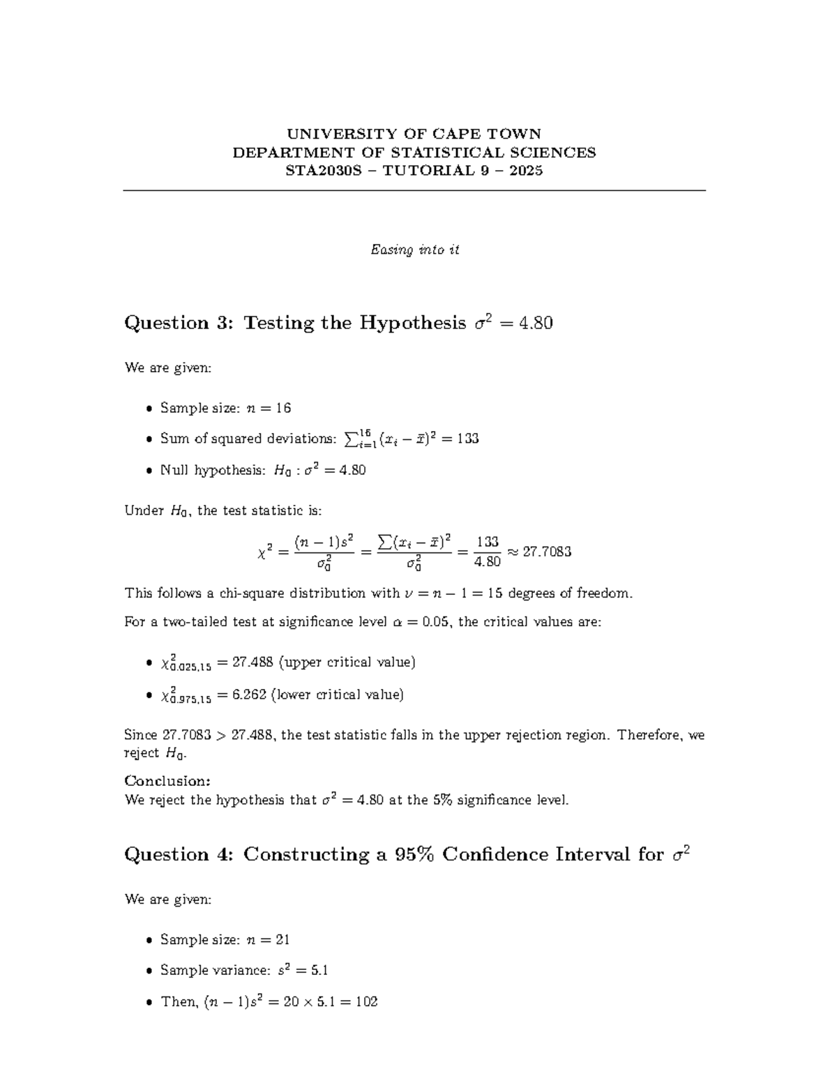 STA2030S Tutorial 9 Solutions: Hypothesis Testing & Confidence ...