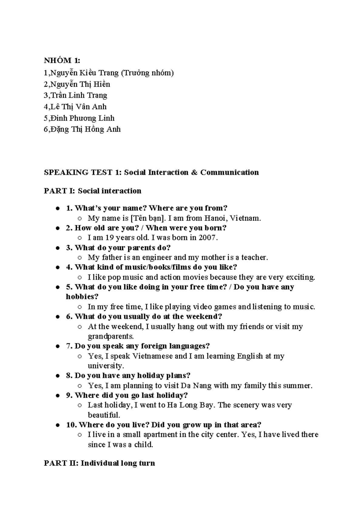 SPEAKING TEST 1-4: Social Interaction & Communication Skills - Studocu