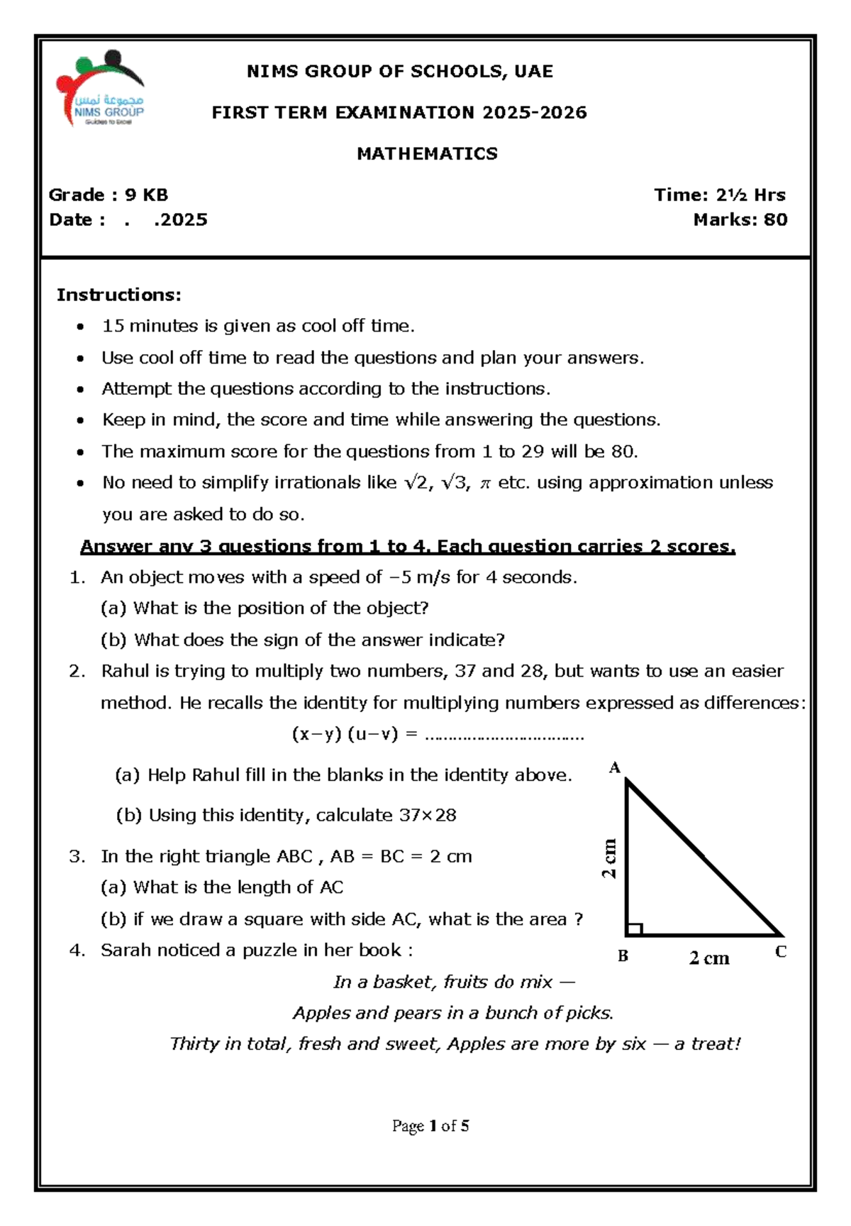 NIMS GROUP OF SCHOOLS, UAE GRADE 9 MATHEMATICS TERM 1 EXAM QP - Studocu