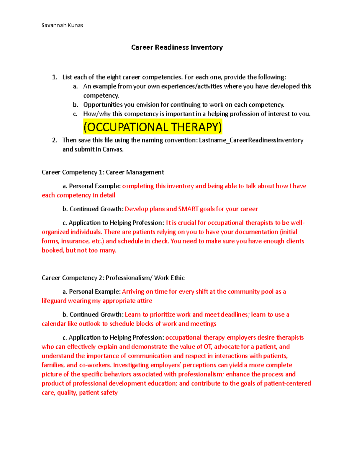 OCCUPATIONAL THERAPY Career Readiness Inventory: Competency Analysis ...