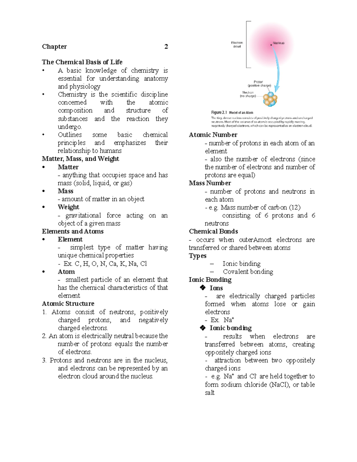 Anaphy - Chapter 2 The Chemical Basis of Life - Chapter 2 The Chemical ...