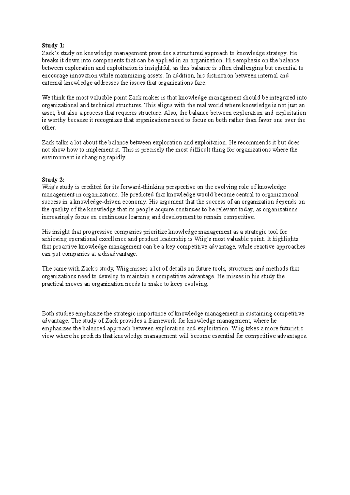Knowledge Management Insights: Analysis of Zack & Wiig Studies - Assign ...