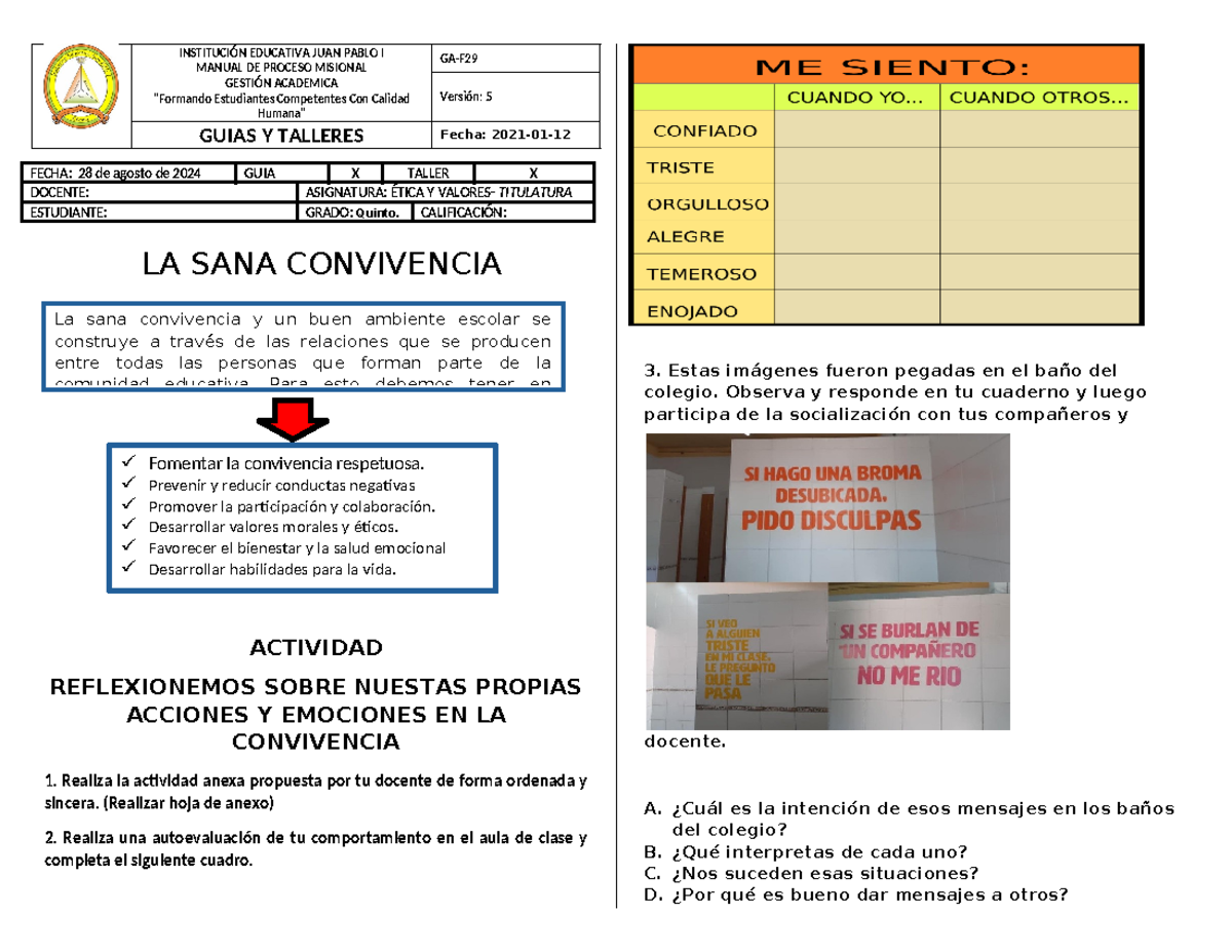 Guía de Taller sobre Convivencia Sana y Pactos de Aula - Quinto - Studocu