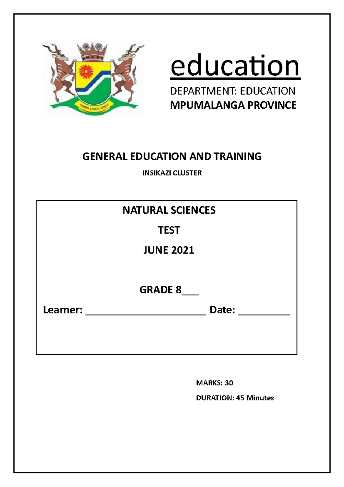 Grade 8 Natural Sciences Term 2 Test: Matter and Materials - Studocu