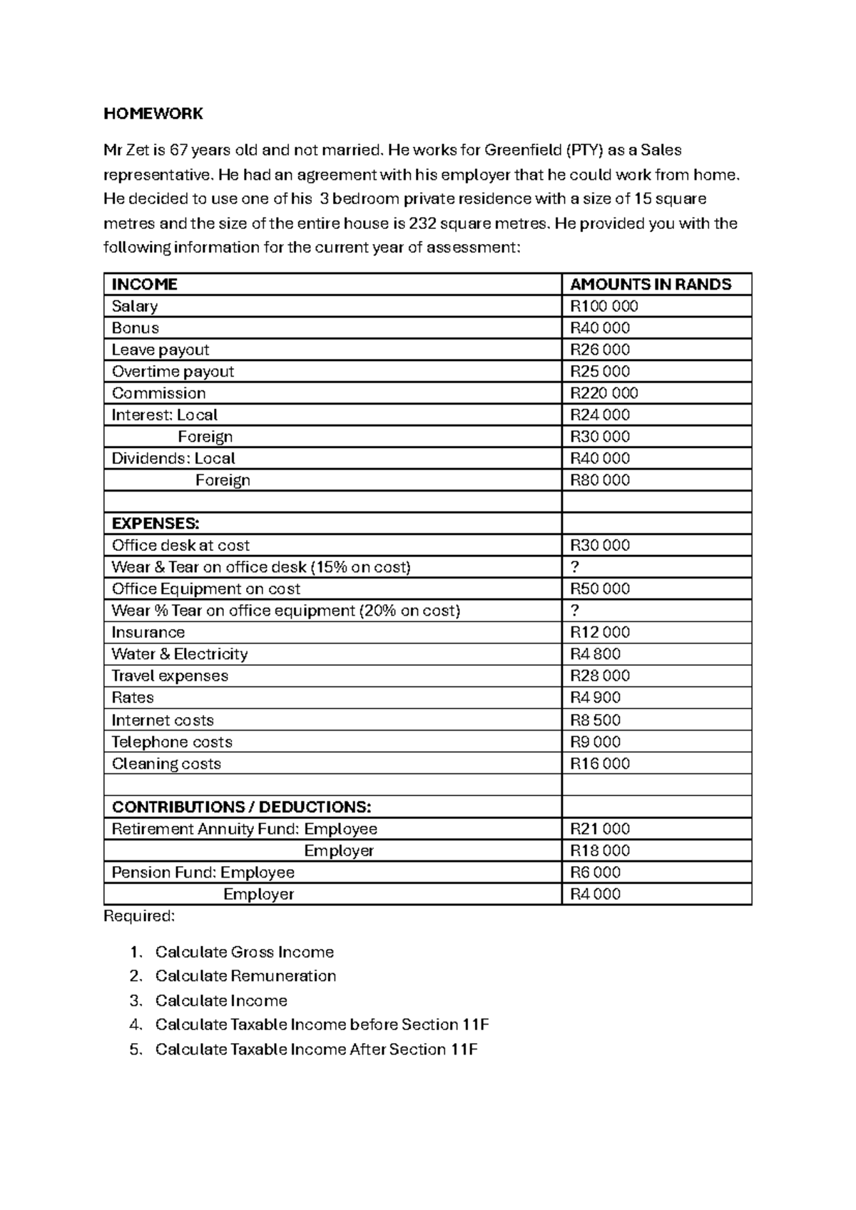 Homework - Tax Practice Question on Section 11F and Income Calculations ...