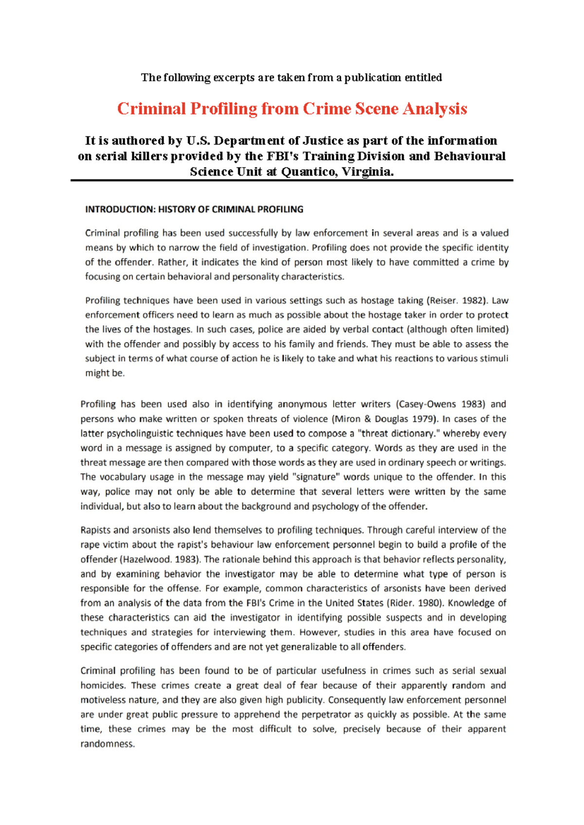 Criminal Profiling: Insights from U.S. Department of Justice ...
