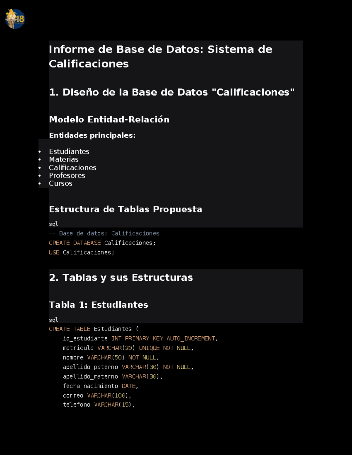 Informe de Base de Datos: Sistema de Calificaciones y Estructura SQL ...