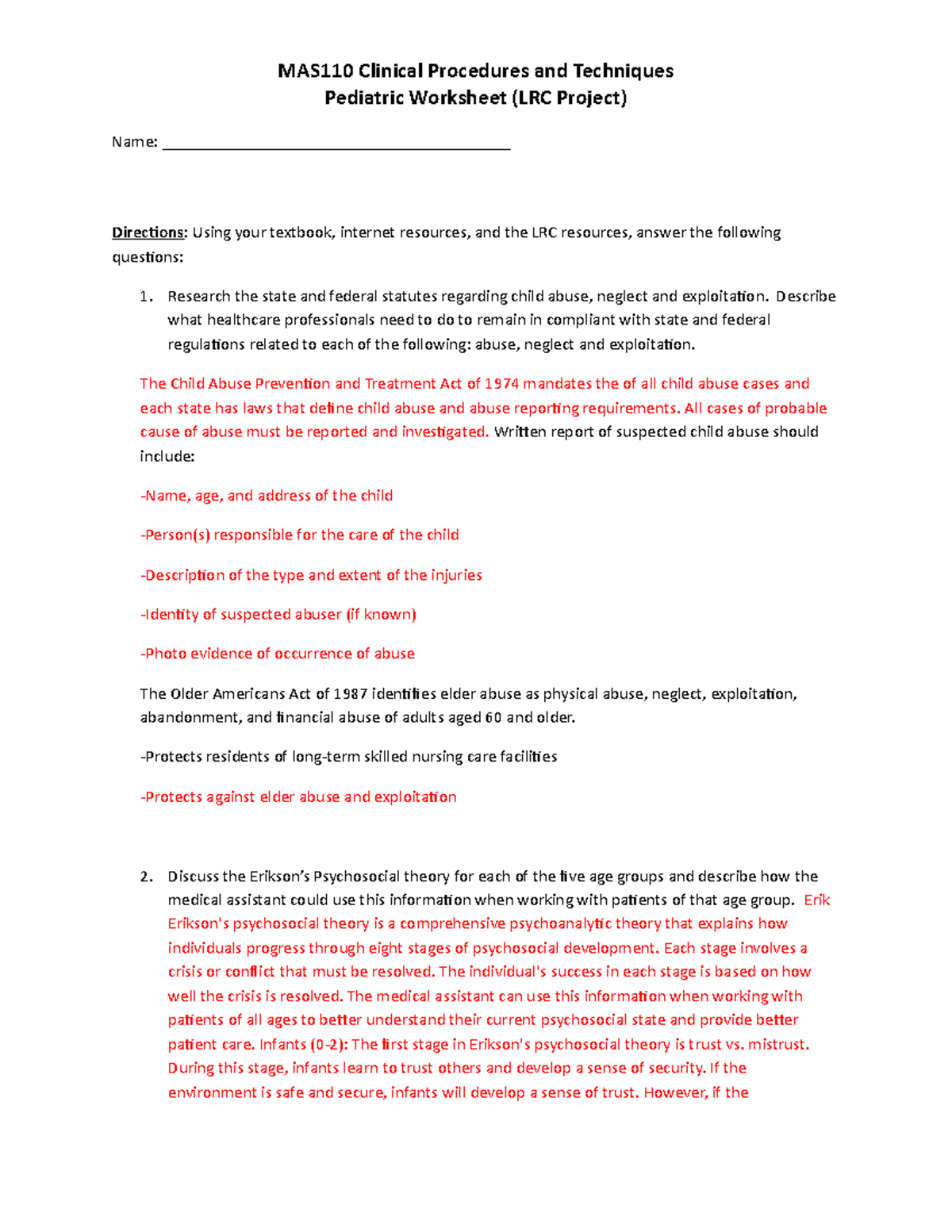MAS110 Week 5 Pediatric Worksheet: Child Abuse & Erikson's Theory ...