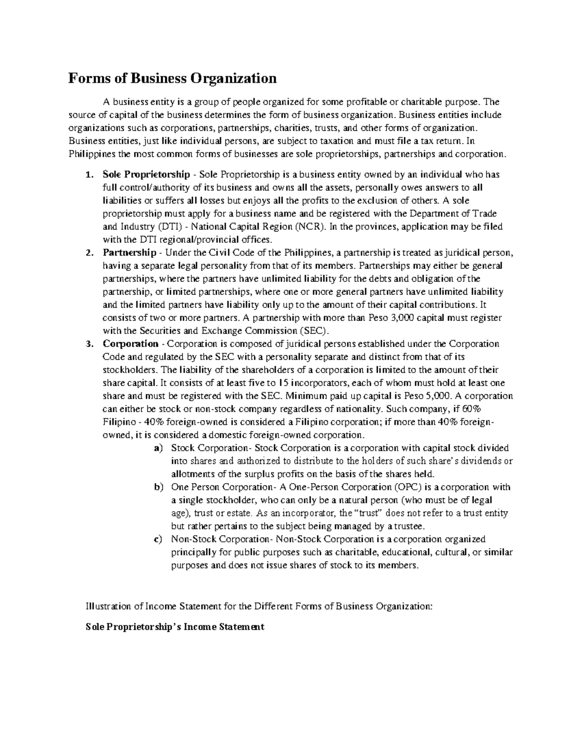 Study on BZ 101: Forms of Business Organization and Activities - Studocu