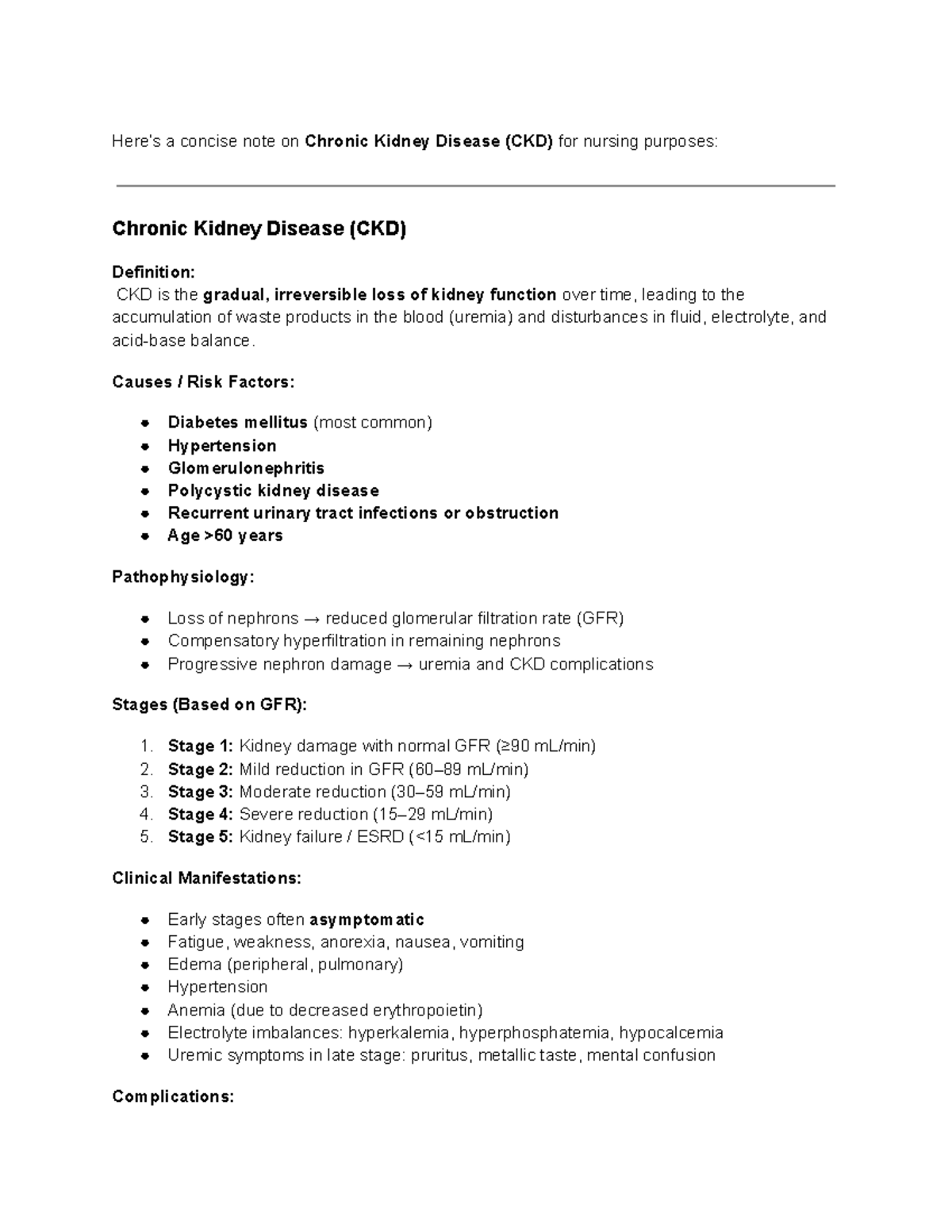 Concise Notes on Chronic Kidney Disease (CKD) for Nursing - Studocu