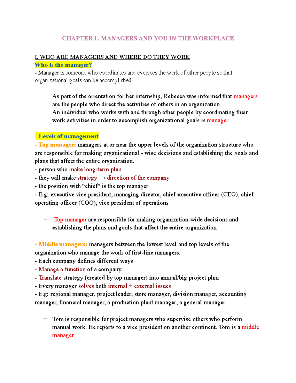 CHAPTER 1: MANAGERS AND YOU IN THE WORKPLACE (PM) - Overview and Key ...