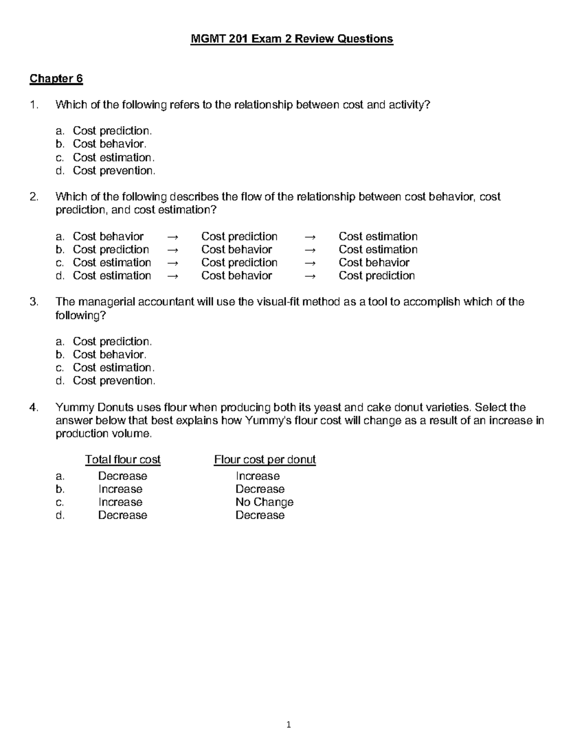 MGMT 201 Exam 2 Review Questions on Cost Behavior and Estimation - Studocu
