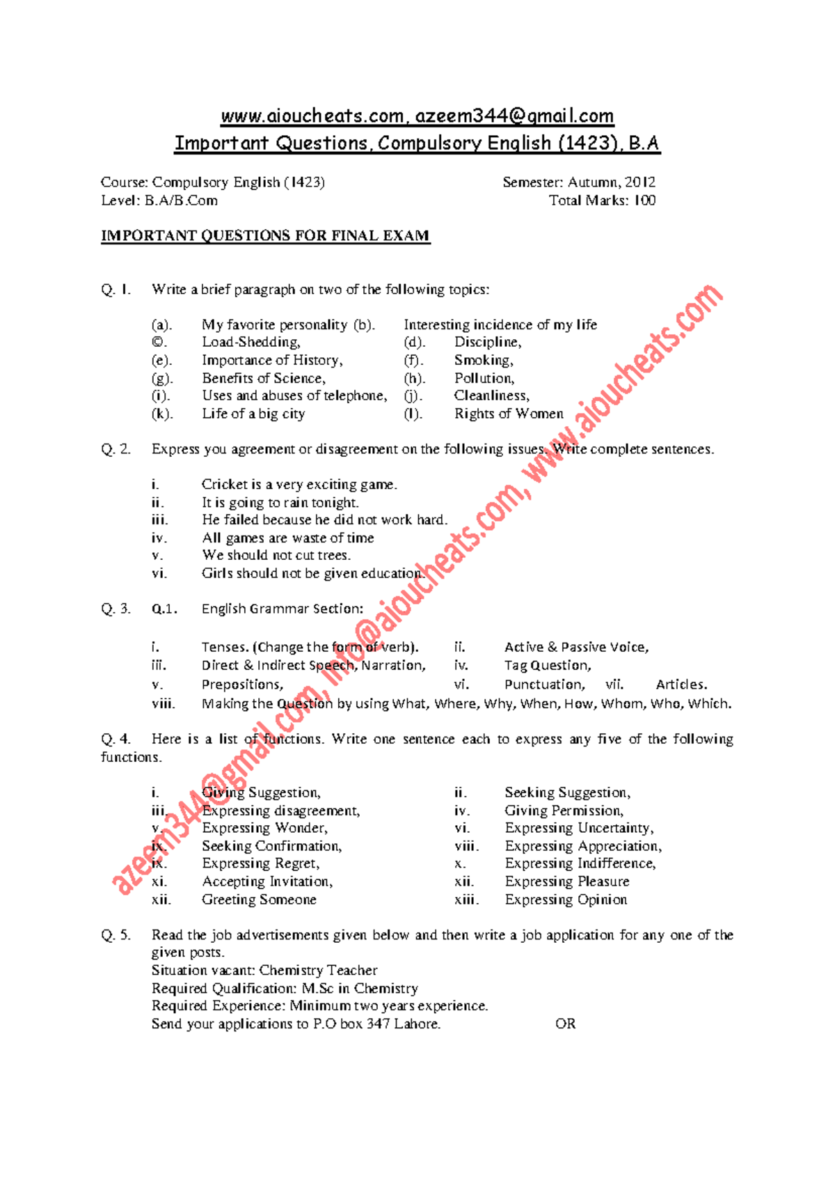 Final Exam Important Questions for Compulsory English 1423 - Studocu