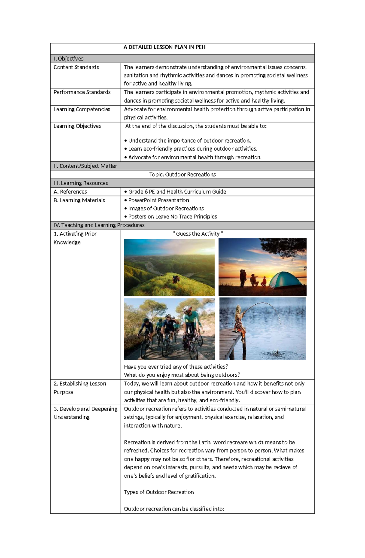 Detailed Lesson Plan on Outdoor Recreation in PEH I - Studocu